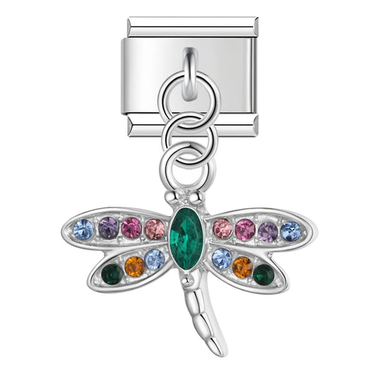 Crystal Dragofly Dangle Italian Silver Charm