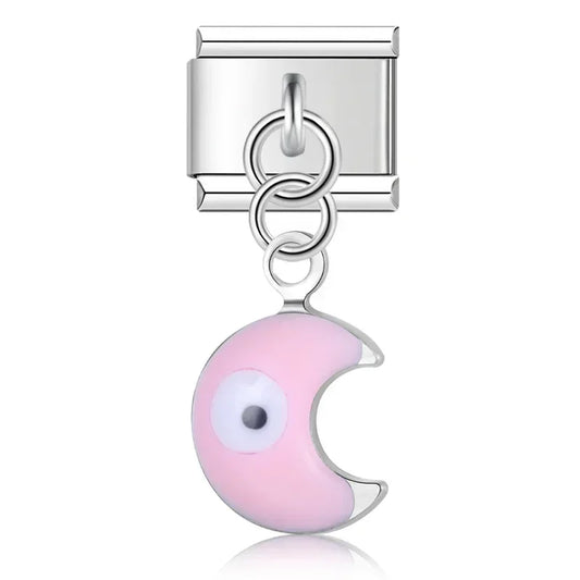 Pink Evil Eye Moon Italian Silver Charm