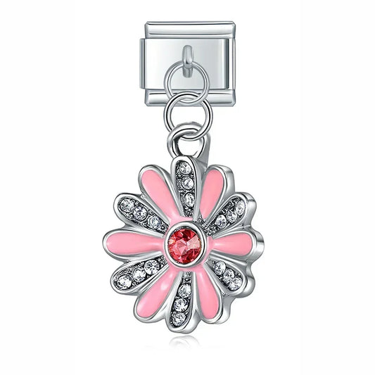 Pink Flower Pendant Italian Dangle Silver Charm