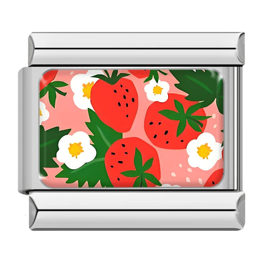 Strawberries And Flowers Italian Silver Charm