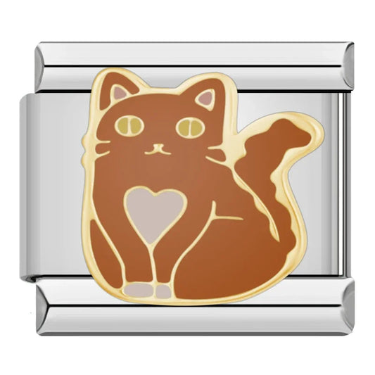Brown Cat With Heart Italian Silver Charm