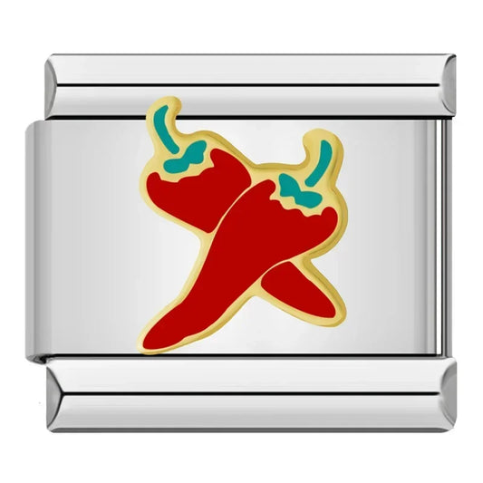 Two Red Chili Pepper Italian Silver Charm