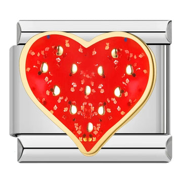 Gold Heart with Red Glitter Italian Silver Charm