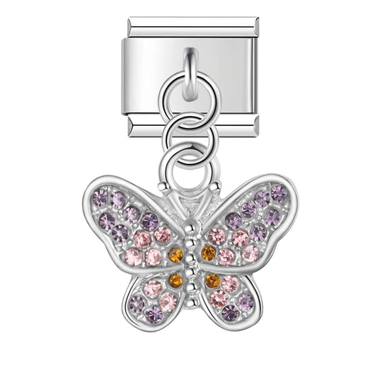 Crystal Butterfly Dangle Italian Silver Charm