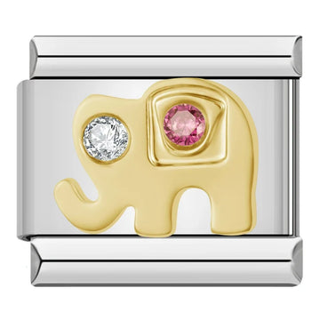 Gold Elephant with White and Ruby Crystals Italian Silve Charm