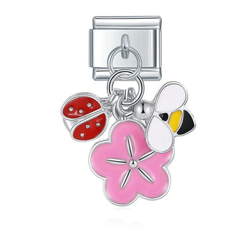 Flower - Ladybug - Bee Italian Dangle Silver Charm