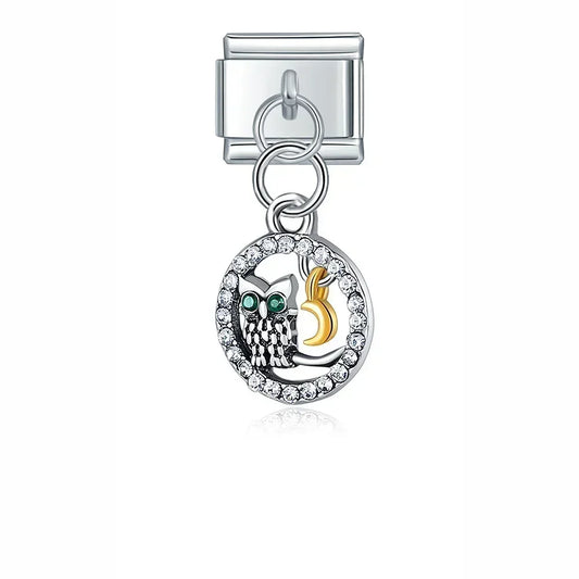 Owl And Moon Italian Dangle Silver Charm