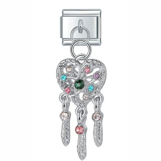 Feather Heart Italian Dangle Silver Charm
