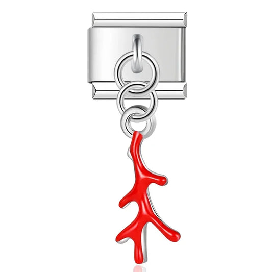 Red Coral Italian Dangle Silver Charm
