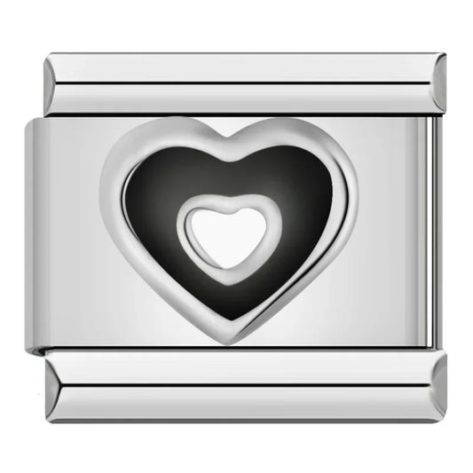Black White Heart Italian Silver Charm
