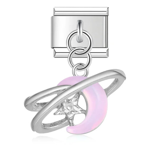 Crescent Moon and Star Planet Dangle Italian Dangle Silver Charm