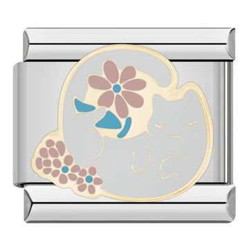 White Cat And Pink Flowers Italian Silver Charm