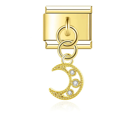Moon and White Stone Gold Dangle Charm