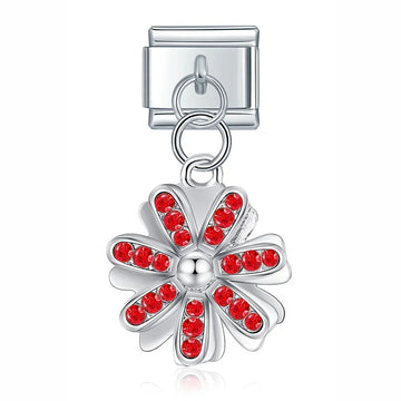 Flower With Red Crystals Italian Dangle Silver Charm