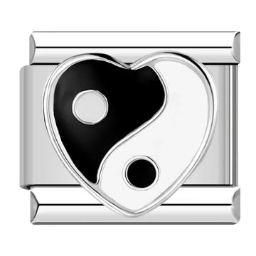 Black Yin-Yang Heart Italian Silver Charm