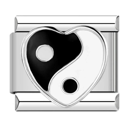 Black Yin-Yang Heart Italian Silver Charm