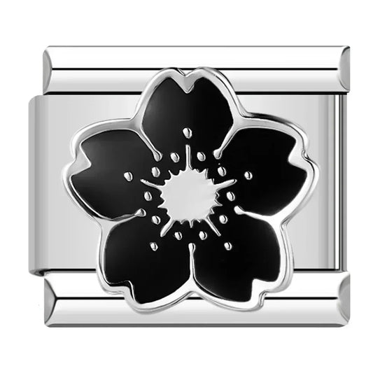 Black Flower Italian Silver Charm