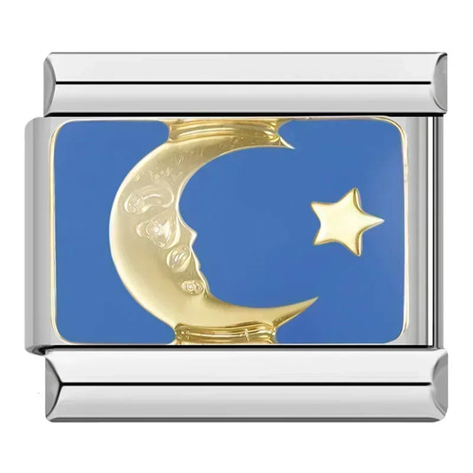 Blue Gold Moon Star Italian Silver Charm