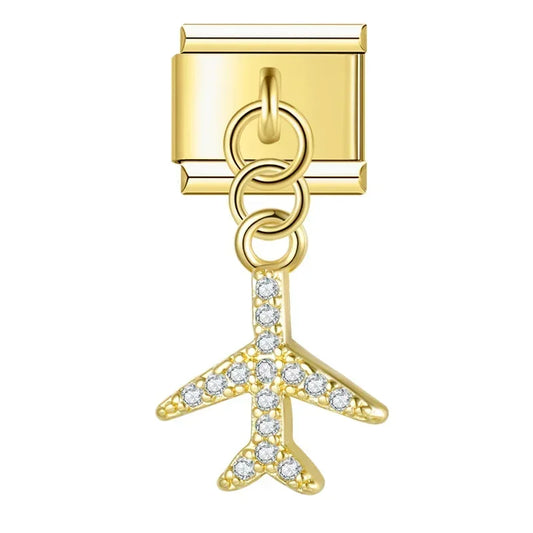 Crystal Plane Italian Dangle Gold Charm
