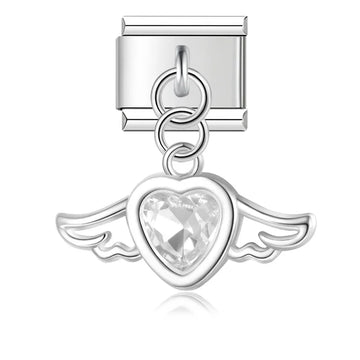 Winged Heart With White Crystalo Italian Dangle Silver Charm