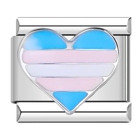 Blue Pink And White Striped Heart Italian Silver Charm