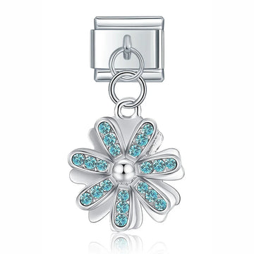 Flower With Blue Crystals Italian Dangle Silver Charm