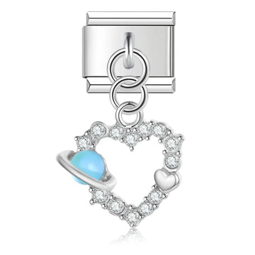 Blue Heart with Planet and Heart Dangle Italian Dangle Silver Charm