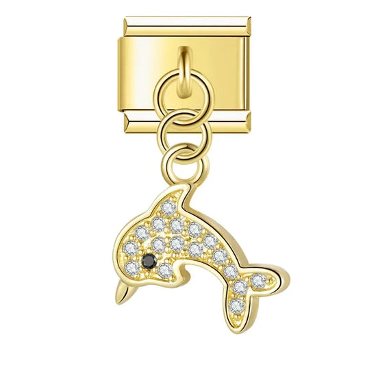Crystal Dolphin Italian Dangle Gold Charm