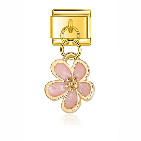 Pink Flower Italian Dangle Gold Charm