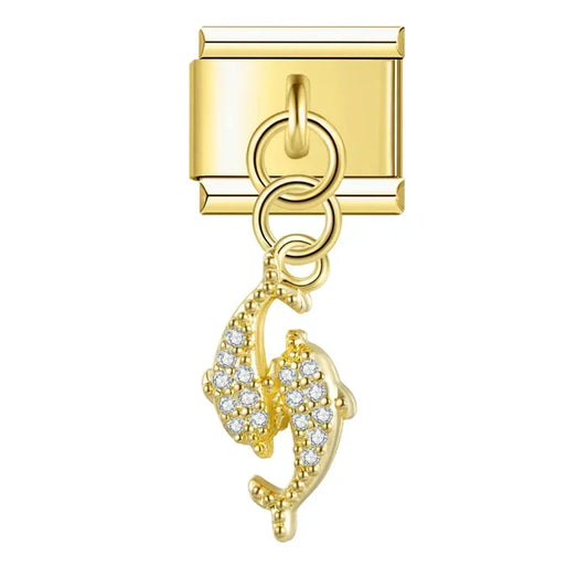 Crystal Double Dolphin Italian Dangle Gold Charm