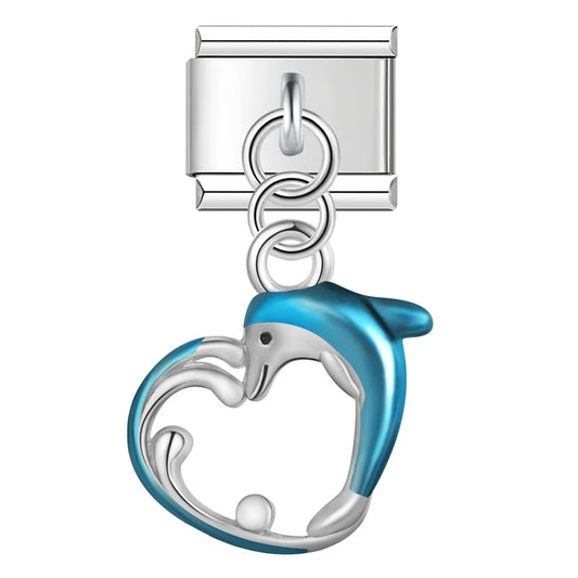 Blue Dolphin Heart Dangle Italian Silver Charm