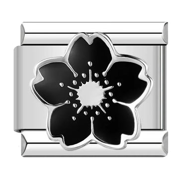 Black Flower Italian Silver Charm