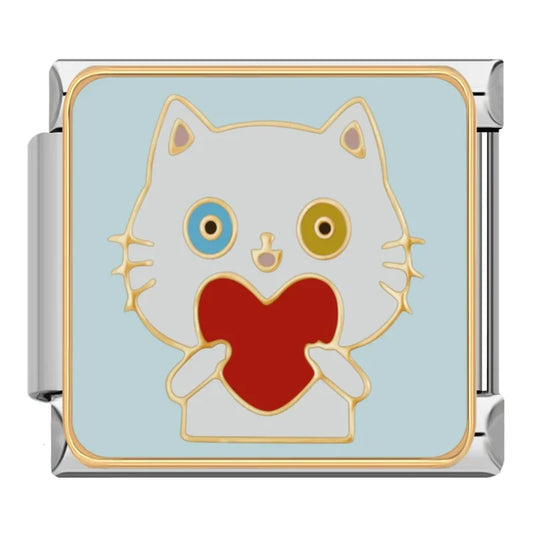 White Cat And Red Heart Italian Silver Charm