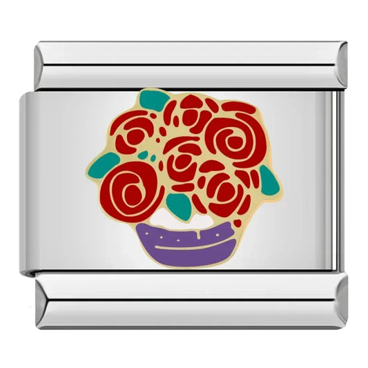 Red Flower Bouquet Italian Silver Charm
