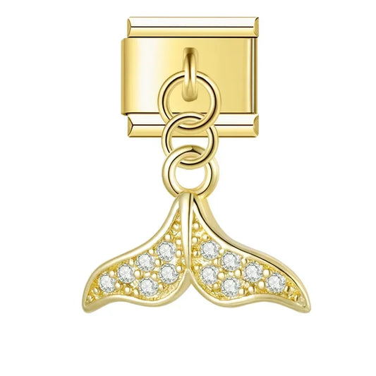 Crystal Whale Tail Italian Dangle Gold Charm