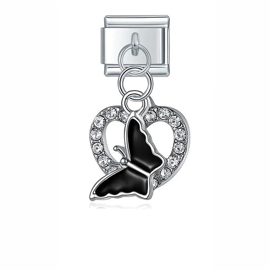 Butterfly with Heart Dangle Italian Dangle Silver Charm