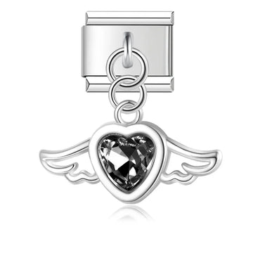 Winged Heart With Black Crystalo Italian Dangle Silver Charm