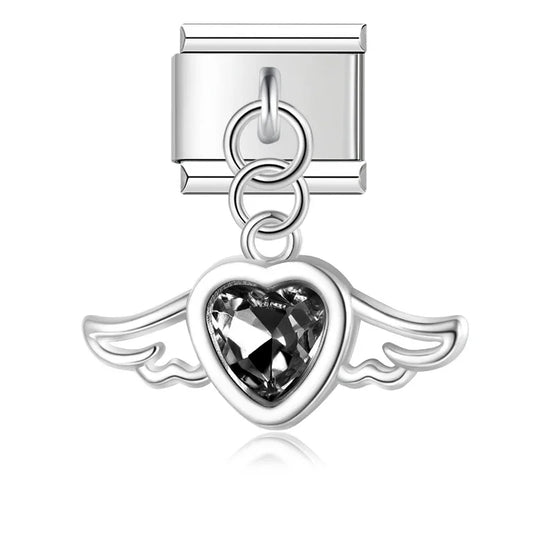 Winged Heart With Black Crystalo Italian Dangle Silver Charm