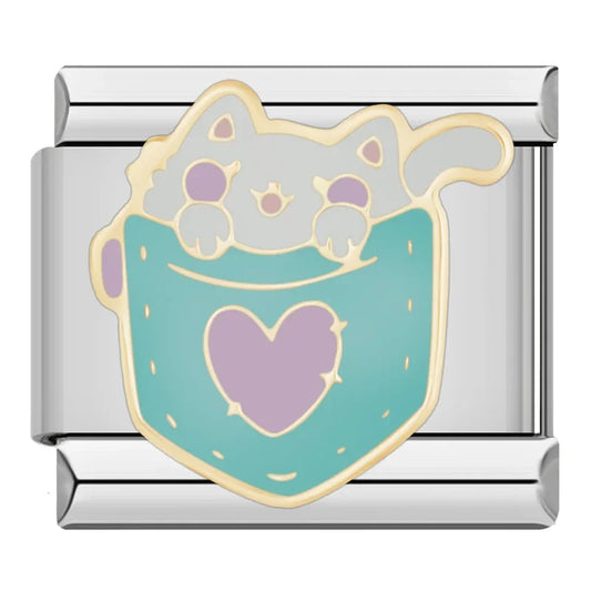 White Cat And Blue Cup Italian Silver Charm