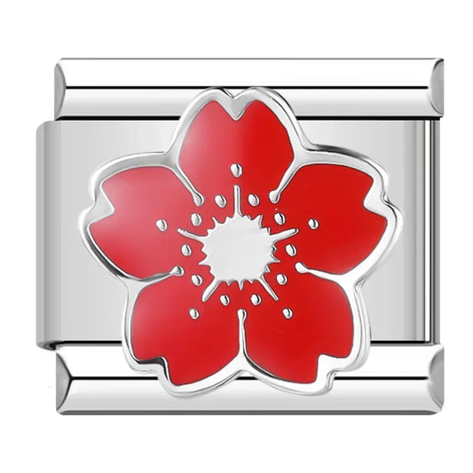 Red Flower Italian Silver Charm