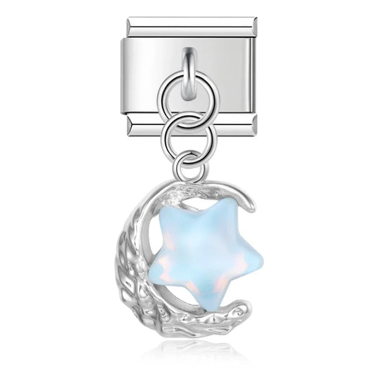 Crystal Star with Moon Italian Dangle Silver Charm