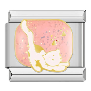 White Cat Pink Background Italian Silver Charm