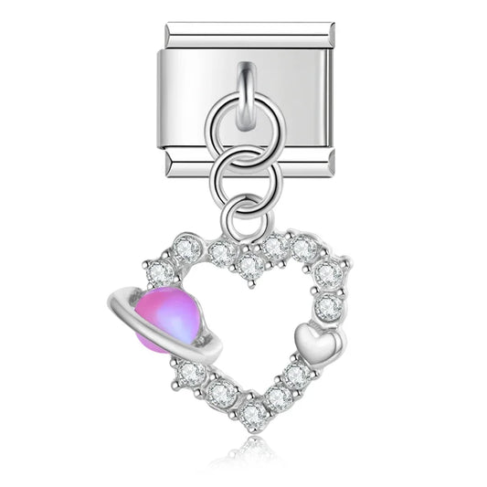 Pink Heart with Planet and Heart Dangle Italian Dangle Silver Charm