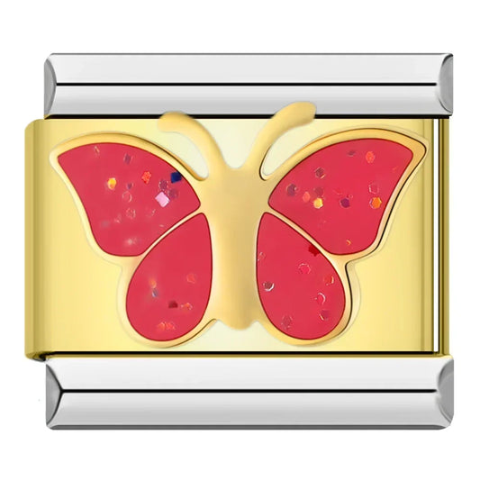 Red Glitter Butterfly Italian Silver Charm