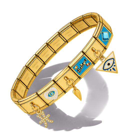 A gold-plated charm bracelet with multiple name plates, blue enamel details, and evil eye charms, displayed on a clean white background with a soft shadow.