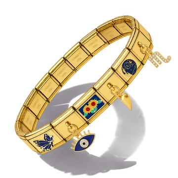 Gold-tone segmented charm bracelet with colorful enamel and charm details, including a butterfly, evil eye, sunflower, and crescent moon, shown on a white background with a soft shadow.